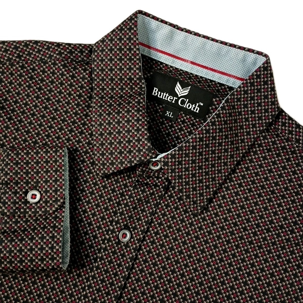 Buttercloth Shirt Mens XL Black Red Geometric Button Up Flip Cuff Cotton Stretch